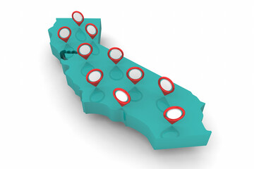 California Map Locations Destinations Cities State 3d Illustration