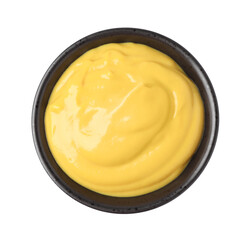 Spicy mustard in bowl isolated on white, top view