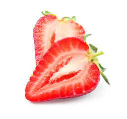 Halves of delicious fresh strawberry on white background