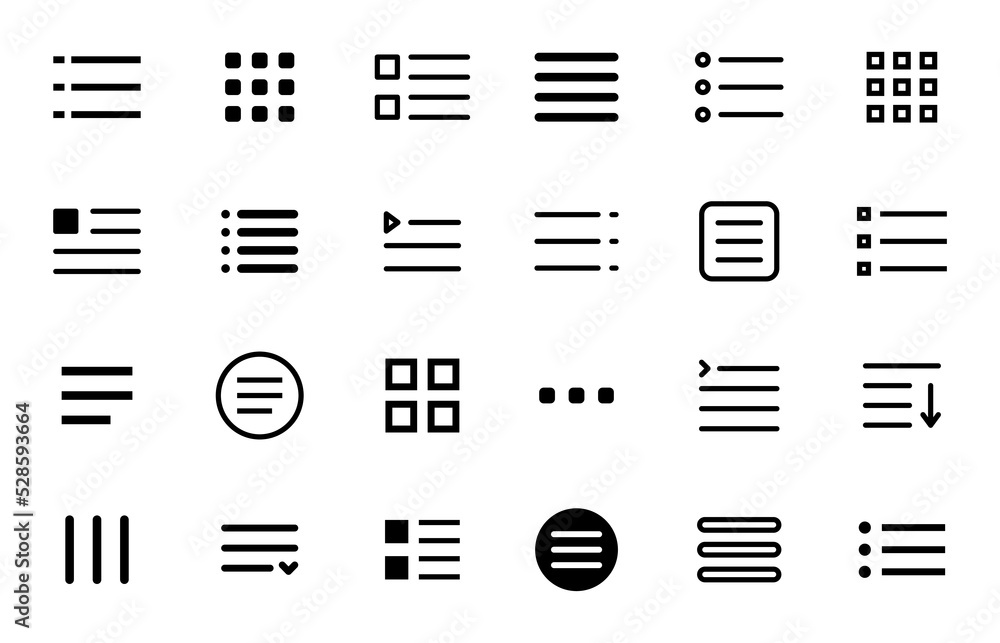 Poster Hamburger menu icons, web and mobile navigation or app UI vector buttons. Hamburger or burger line drop list menu for website and applications drawer or more option expand bars in mobile app