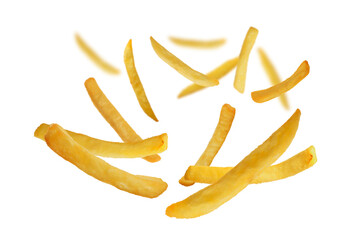 Tasty french fries falling on white background