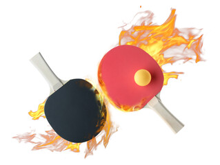 Ping pong rackets and ball in fire on white background