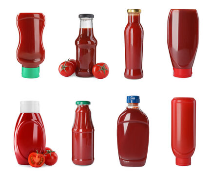 Set with different bottles of ketchup on white background