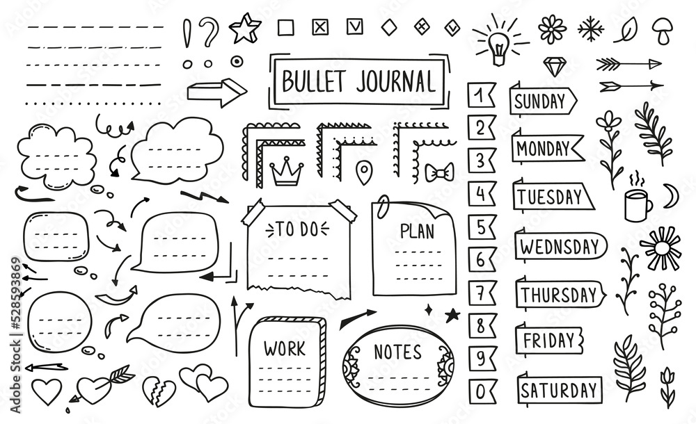 Poster bullet journal, doodle diary elements or page stickers and vector memo note reminders. bullet journa