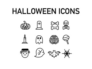 Halloween icons in black and white, on a white background