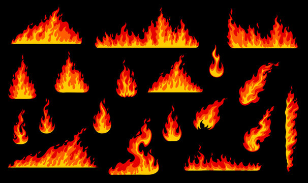 Cartoon isolated fire flame. Forest wildfire, fireplace fire flames, burning woods and hell blaze vector borders set. Campfire, flammable danger and natural disaster isolated fire flames set