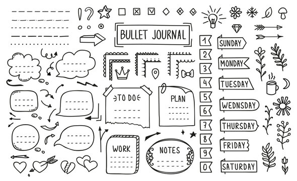 Bullet journal, doodle diary elements or page stickers and vector memo note reminders. Bullet journal or calendar notebook message banners for school planner or to do list and agenda labels in doodle