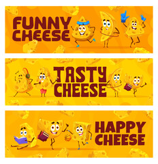Cartoon gouda and maasdam cheese characters. Vector banners of happy tasty personages, yellow slices of dairy product sports activities, listen music, education, reading books or playing basketball