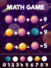 Math game worksheet. Cartoon galaxy space fantasy planets, stars and flying in galaxy comets. Kids math puzzle game, mathematical vector riddle with addition and subtraction task, fantastic planets