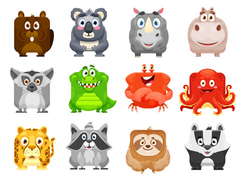 Cartoon kawaii square animal faces. Isolated vector beaver, koala, rhino and hippo. Lemur, crocodile, crab and octopus, leopard and raccoon, sloth and badger funny characters