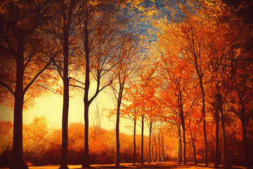 Beautiful autumn fall day, trees and sky, daylight sun