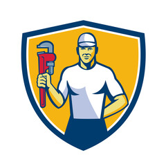 Plumber Holding Monkey Wrench Shield Retro