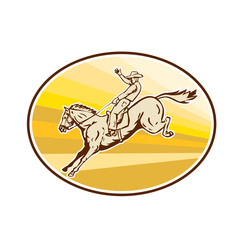 Rodeo Cowboy Riding Horse Oval Retro
