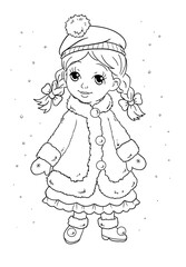 coloring book illustration with cute little girl in winter clothes