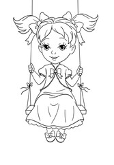 coloring book illustration with cute little girl sitting in swing