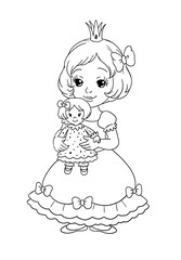 coloring book illustration with a cute little princess holding her doll