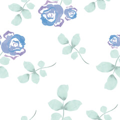 Seamless wallpaper pattern with watercolor blue roses and elegant leaves