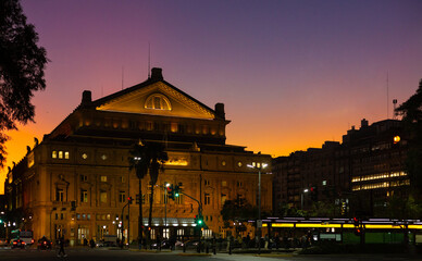 Fototapeta na wymiar Colon Theater at night along 9 de Julio Avenue, Buenos Aires, Argentina 