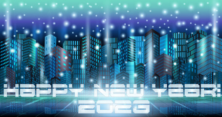 New 2023 Year in Futuristic Night City, abstract architecture banner, vector illustration