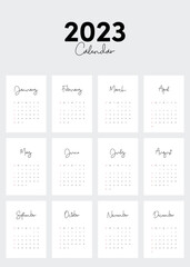 2023 printable monthly calendar template design, week starts on Sunday minimal style