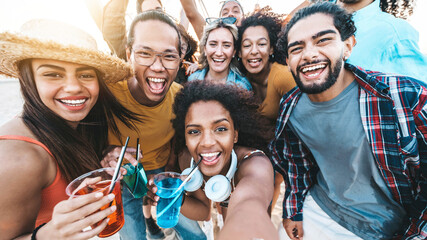 Multiracial group of young people taking selfie on summer vacation - Happy friends hanging outside...