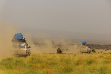 Tourist vehicles on their way to Erta Ale volcano in Afar depression, Ethiopia