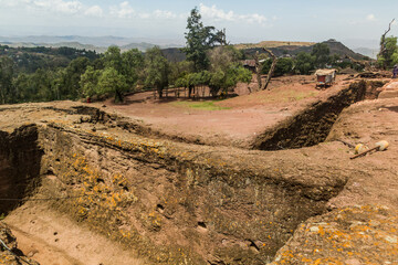 Landscape of rock-cut churches in Lalibela, Ethiopia