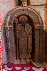 LALIBELA, ETHIOPIA - MARCH 29, 2019: Scultpture in Bet Golgotha and Bet Mikael rock-cut churches in...