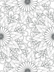 Flowers coloring book page. Isolated on white background. Doodle drawing anti-stress coloring books page for adults or children. Flat Vector Illustration