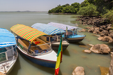 Boats for tourists at Zege peninsula in Tana lake, Ethiopia