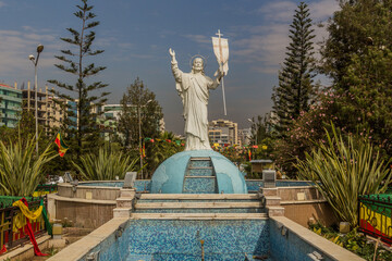 Statue of the Jesus Christ in front of Medhane Alem Cathedral in Addis Ababa, Ethiopia