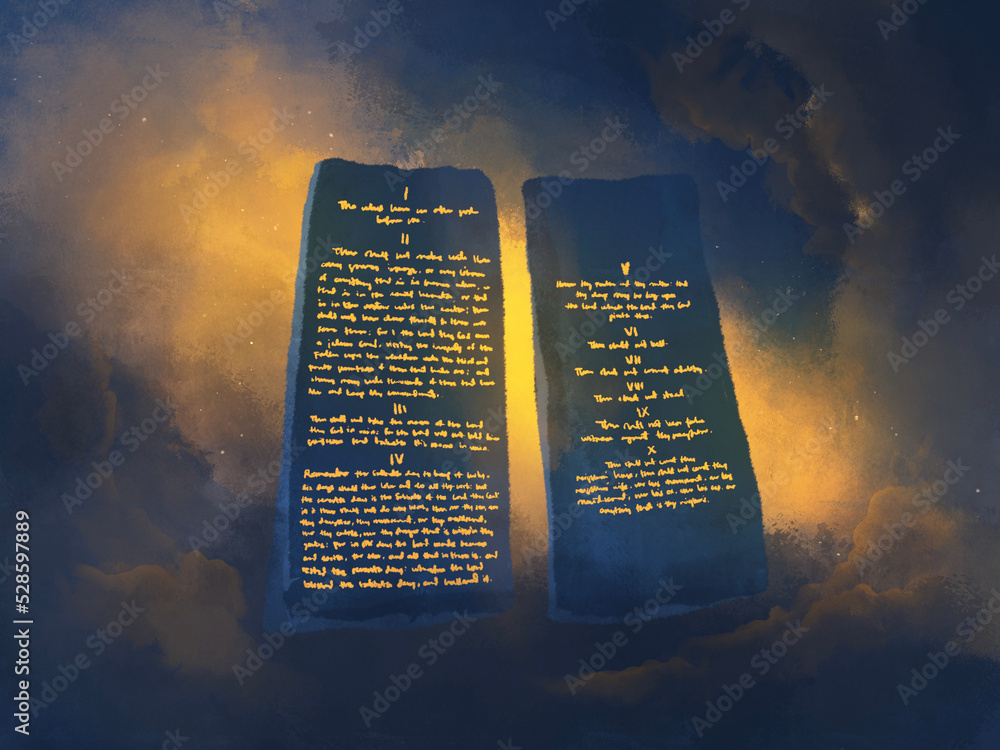 Canvas Prints ten commandments glowing on blue stone tablets, decalogue law exodus 20 sapphire religious illustrat - Canvas Prints
