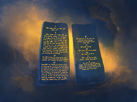 Ten Commandments glowing on blue stone tablets, Decalogue Law Exodus 20 sapphire religious illustration.