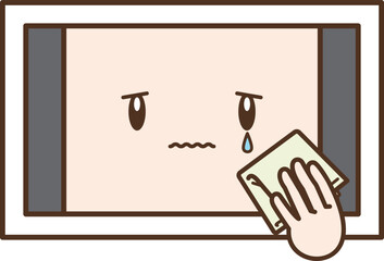ハンカチを持って泣く擬人化された白いタブレット