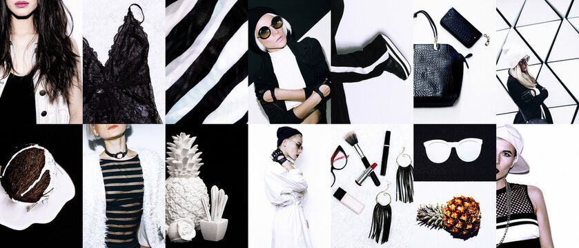 Set of trendy aesthetic photo collages. Minimalistic images of two  top colors. Black and white fashion moodboard