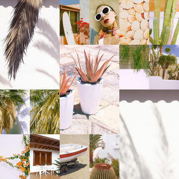 Set of trendy aesthetic photo collages. Minimalistic fashion images. Beach vacation vibes moodboard