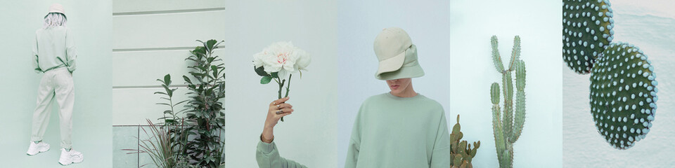 Set of trendy aesthetic photo collages. Minimalistic stylish images. Green, eco life, fashion...