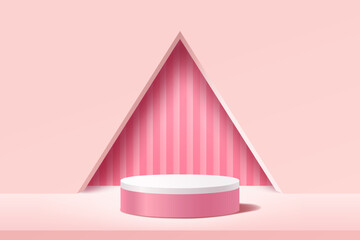 Empty 3d round podium with pink abstract geometric shape and triangular hole wall