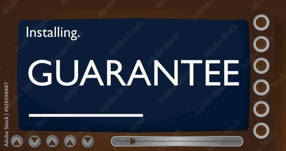 Poster cartoon computer with the word guarantee. video message of a screen displaying an installation windo