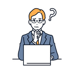 ノートパソコンの前で悩む上司のシンプルなベクターイラスト素材