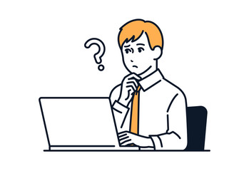 ノートパソコンの前で考える男性のシンプルなベクターイラスト素材