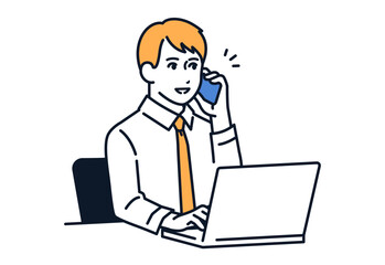 通話しながらノートパソコンで仕事をするビジネスマンのシンプルなベクターイラスト素材