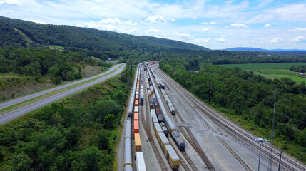 Train tracks and trains near Cumberland, Maryland