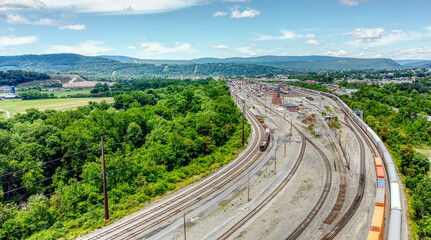 Train tracks and trains near Cumberland, Maryland