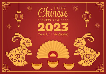 Chinese Lunar New Year 2023 Day of the Rabbit Zodiac Sign Template Hand Drawn Cartoon Flat Illustration with Flower, Lantern and Red Color Background