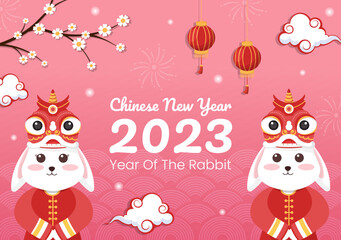 Chinese Lunar New Year 2023 Day of the Rabbit Zodiac Sign Template Hand Drawn Cartoon Flat Illustration with Flower, Lantern and Red Color Background