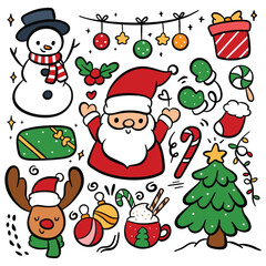 Christmas Cartoon Concept Hand Drawn Doodle Elements Vector Illustration