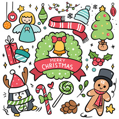 Christmas Cartoon Concept Hand Drawn Doodle Elements Vector Illustration