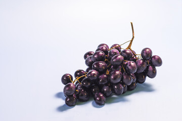 A branch of juicy dark grapes on a light blue background close-up.