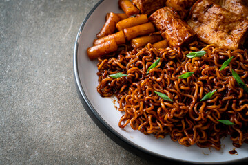 Jajangmyeon or JJajangmyeon with Odeng and Omuk - Korean Instant noodles with Korean fish cake in black bean sauce